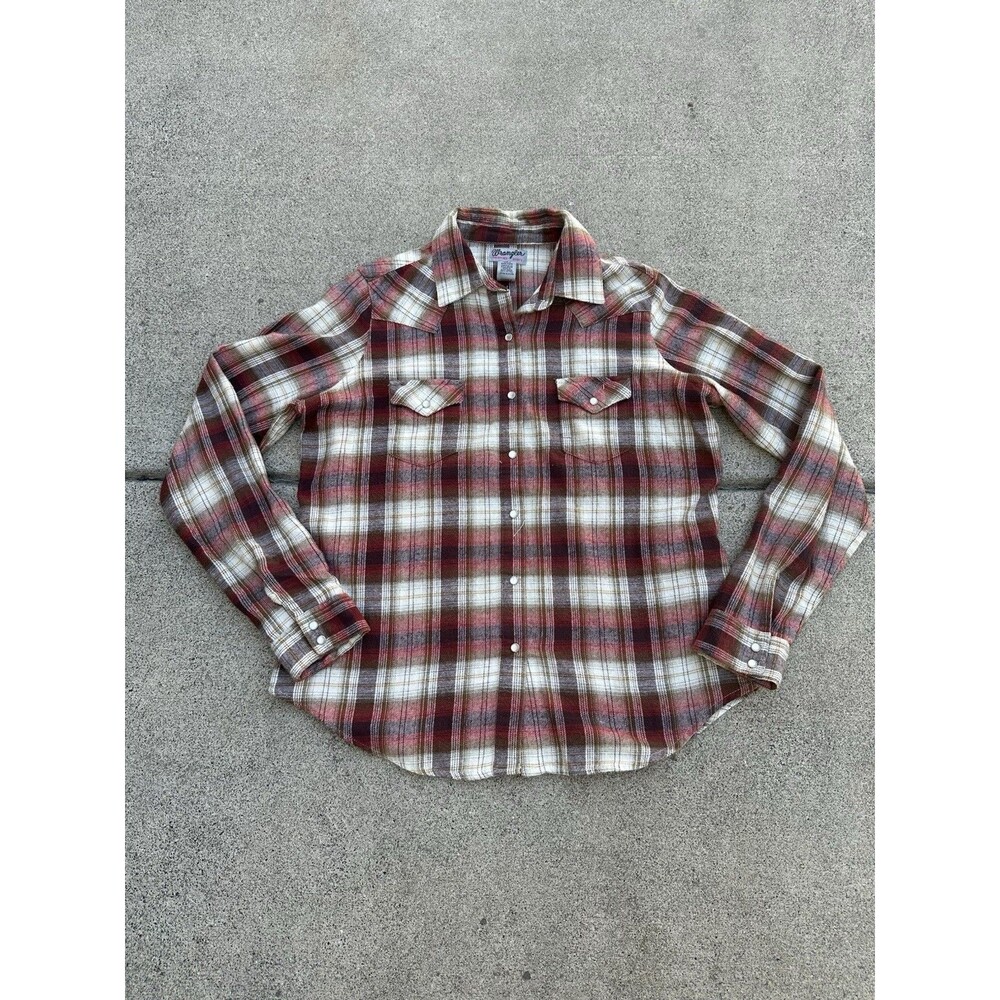 Wrangler Women’s Red Flannel Button Up Western Shirt Pearl Snap Size L Cowgirl